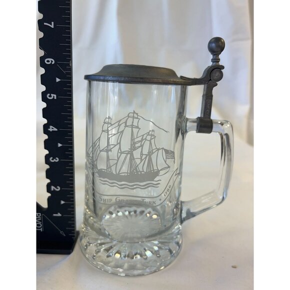 Vintage Glass Beer Stein W/ Pewter Lid & Ship Graphic Design - Picture 2 of 2